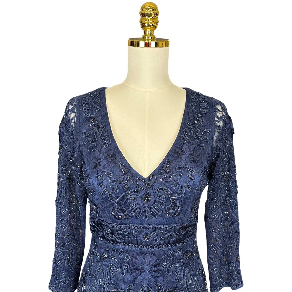 Sue Wong Navy Blue Beaded Lace Cocktail Dress V-Neck 3/4 Sleeve Formal Gown - Picture 5 of 16